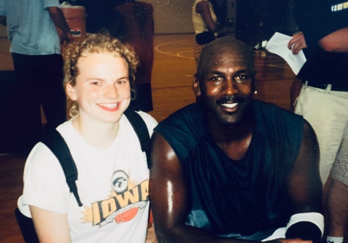 Mary Berdo with Michael Jordan at one of Jordan's camps at Elmhurst College in Chicago, 2001.